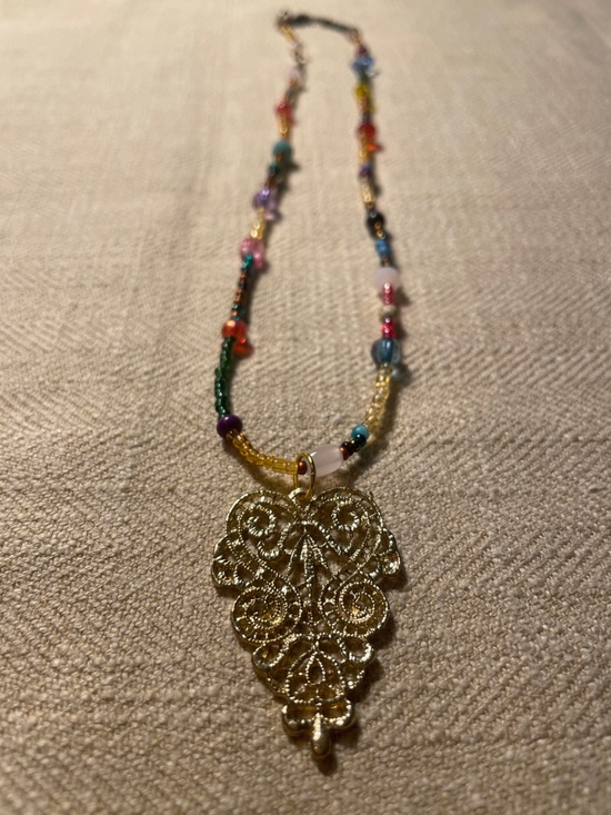 Jewelry - Gold Filigree Pendant Beaded Necklace - Multicolour 17.5”